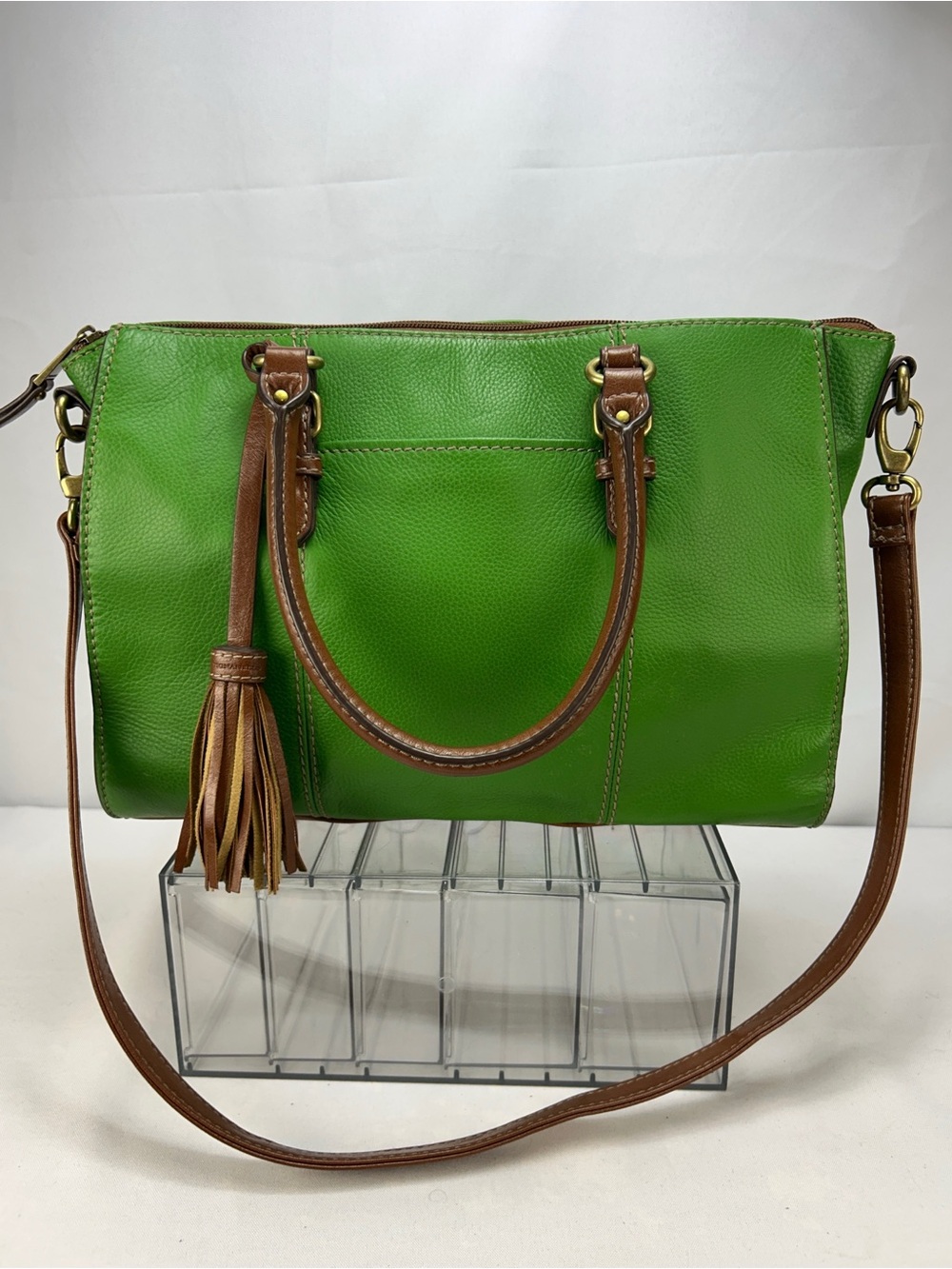 Tignanello Green Leather Shoulder Bag with Brown Trim